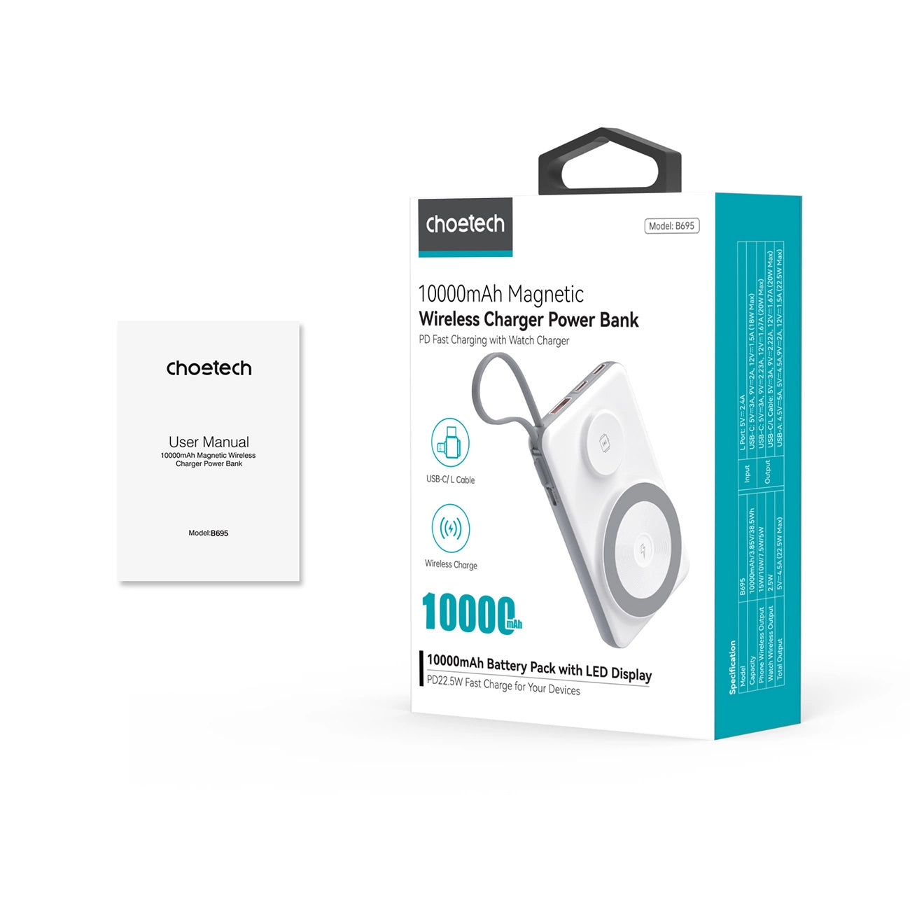 Spoljna Bežična Baterija Choetech B695, 10000mAh, 20W, QC + PD + FQI, 1 x Lightning - 1 x USB-A - 2 x QI - 2 x USB-C, Bela